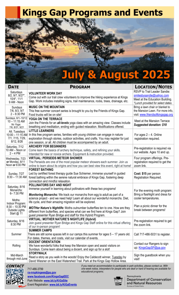 July August Kings Gap calendar 2025